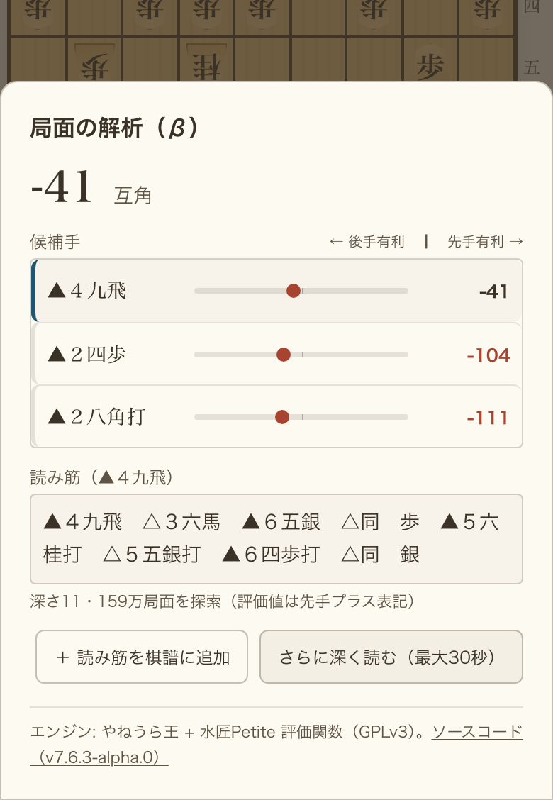 感想盤の棋譜解析画面。候補手3つと評価値、読み筋を表示している